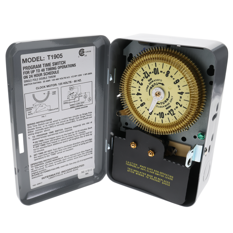 Intermatic T1905, 24-Hour Mechanical Time Switch, 125 VAC, 60Hz, SPDT, Indoor Metal Enclosure, 15 Minute Interval