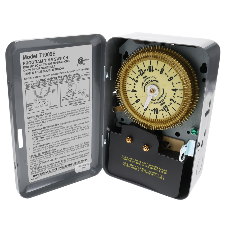 Intermatic T1905E, 24-Hour Mechanical Time Switch, 480 VAC, 60Hz, SPDT, Indoor Metal Enclosure, 15 Minute Interval