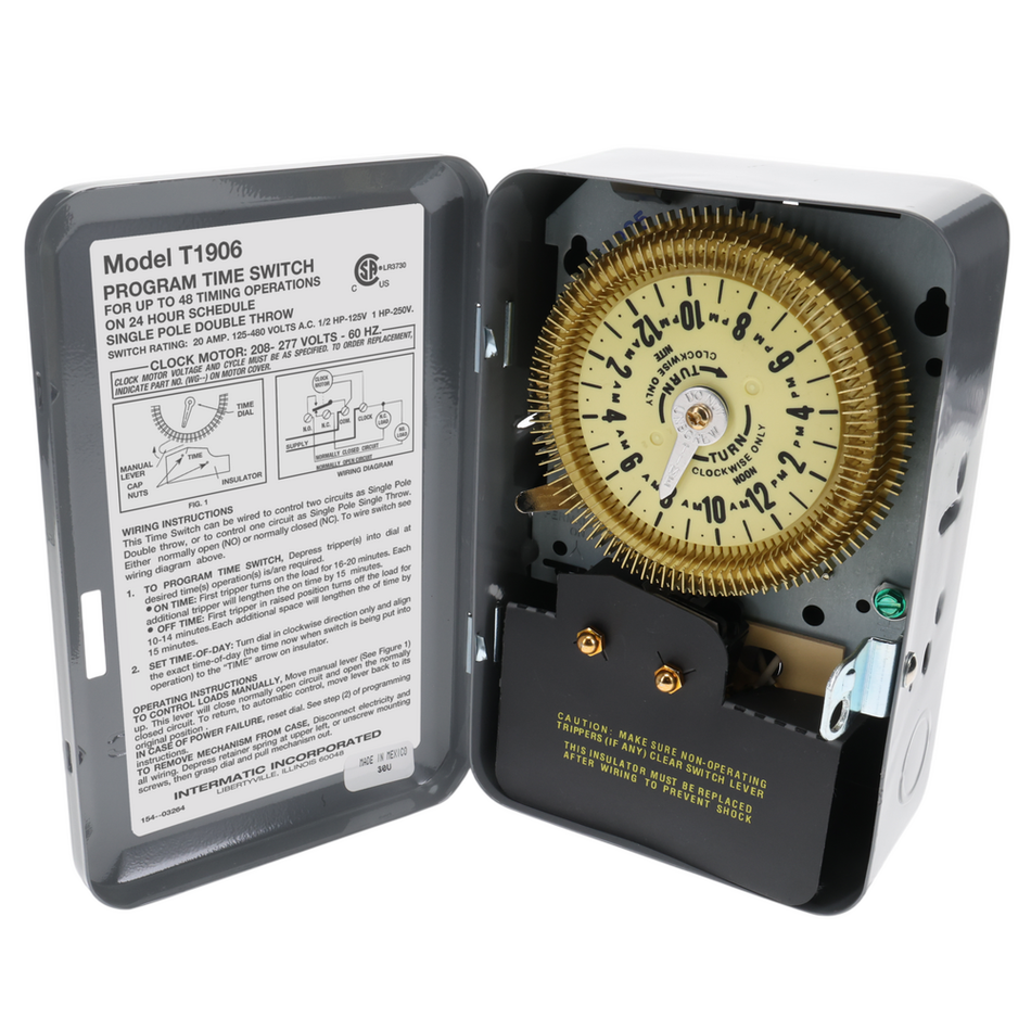 Intermatic T1906, 24-Hour Mechanical Time Switch, 208-277 VAC, 60Hz, SPDT, Indoor Metal Enclosure, 15 Minute Interval