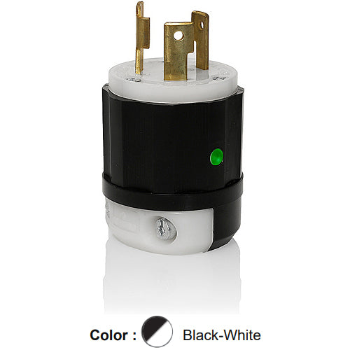 Leviton 2621-PLC, Locking Plug, Industrial Grade, Power Indication, 30A 250V, NEMA L6-30P, 2-Pole, 3-Wire, Grounding, Black/White