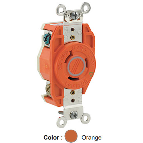 Leviton 2330-IG, Flush Mount Locking Receptacle, Industrial Grade, 20A 277V, NEMA L7-20R, 2-Pole, 3-Wire, Isolated Ground, Orange