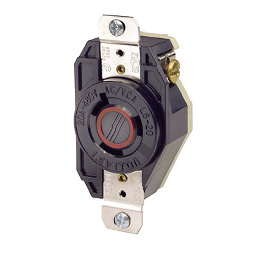 Leviton 2340, Flush Mount Locking Receptacle, Industrial Grade, 20A 480V, NEMA L8-20R, 2-Pole, 3-Wire, Grounding, Black