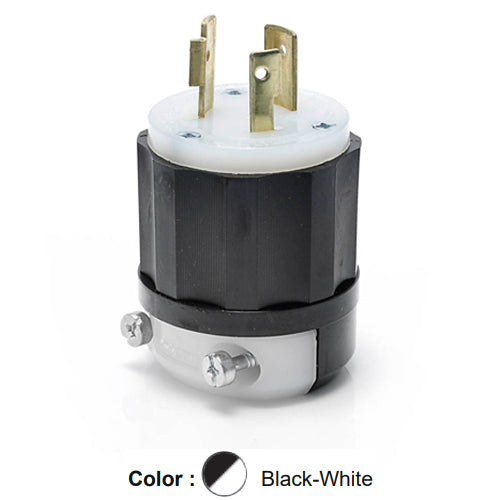 Leviton 2341, Locking Plug, Industrial Grade, 20A 480V, NEMA L8-20P, 2-Pole, 3-Wire, Grounding, Black/White