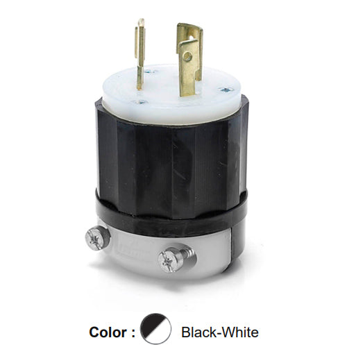 Leviton 2351, Locking Plug, Industrial Grade, 20A 600V, NEMA L9-20P, 2-Pole, 3-Wire, Grounding, Black/White