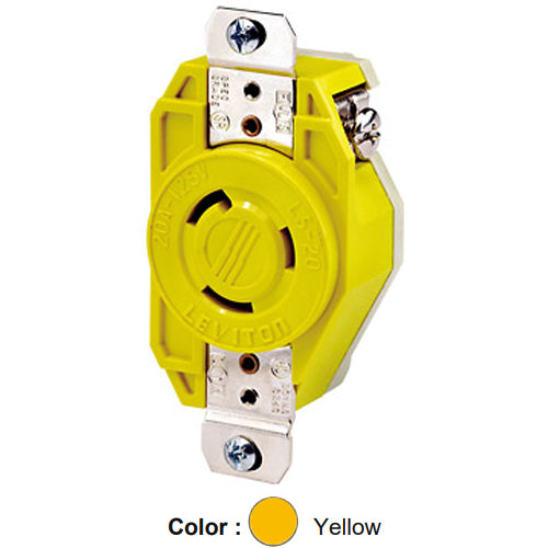Leviton 23CM-10, Flush Mount Locking Receptacle, Industrial Grade, Corrosion-Resistant, 20A 125V, NEMA L5-20R, 2-Pole, 3-Wire, Grounding, Yellow