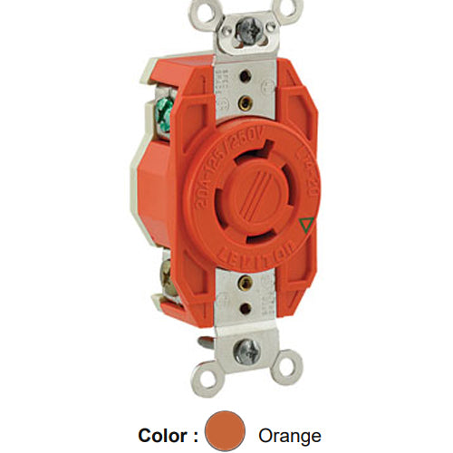 Leviton 2410-IG, Flush Mount Locking Receptacle, Industrial Grade, 20A 125/250V, NEMA L14-20R, 3-Pole, 4-Wire, Isolated Ground, Orange