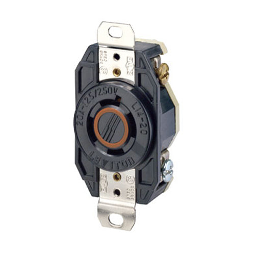 Leviton 2410, Flush Mount Locking Receptacle, Industrial Grade, 20A 125/250V, NEMA L14-20R, 3-Pole, 4-Wire, Grounding, Black