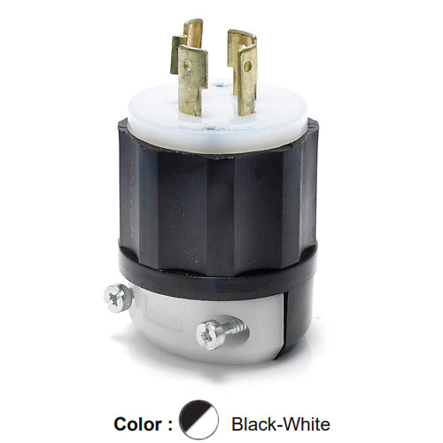 Leviton 2411, Locking Plug, Industrial Grade, 20A 125/250V, NEMA L14-20P, 3-Pole, 4-Wire, Grounding, Black/White