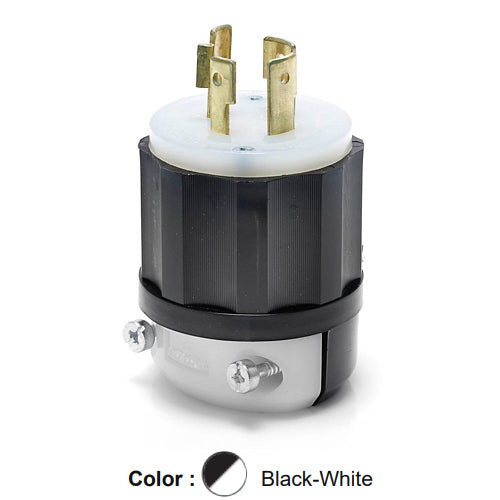 Leviton 2421, Locking Plug, Industrial Grade, 3-Phase, 20A 250V, NEMA L15-20P, 3-Pole, 4-Wire, Grounding, Black/White