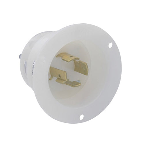 Leviton 2425, Flanged Inlet Locking Receptacle, Industrial Grade, 20A 250V, 3-Phase, NEMA L15-20P, 3-Pole, 4-Wire, Grounding, White
