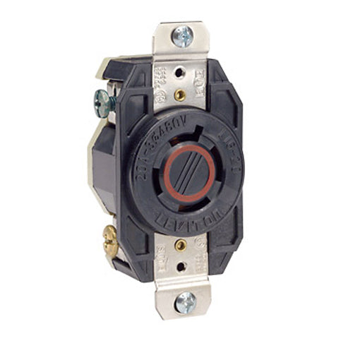 Leviton 2430, Flush Mount Locking Receptacle, Industrial Grade, 3-Phase, 20A 480V, NEMA L16-20R, 3-Pole, 4-Wire, Grounding, Black