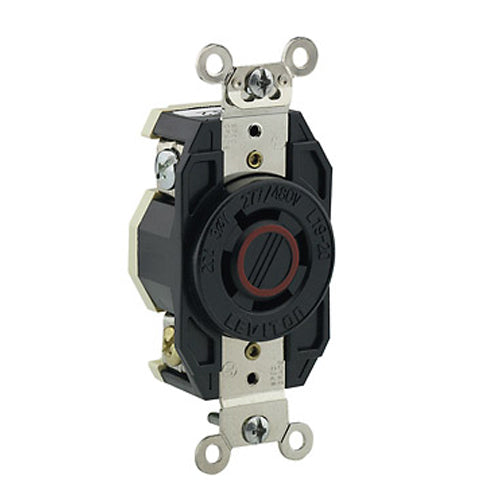 Leviton 2450, Flush Mount Locking Receptacle, Industrial Grade, 20A 277/480V, 3-Phase Y, NEMA L19-20R, 4-Pole, 4-Wire, Non-Grounding, Black