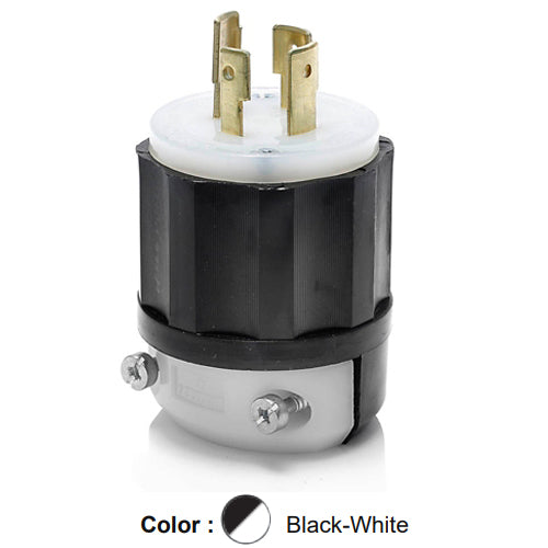 Leviton 2451, Locking Plug, Industrial Grade, 20A 277/480V, 3-Phase Y, NEMA L19-20P, 4-Pole, 4-Wire, Non-Grounding, Black/White