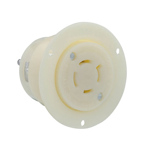 Leviton 2456, Flanged Outlet Locking Receptacle, Industrial Grade, 20A 277/480V, 3-Phase Y, NEMA L19-20R, 4-Pole, 4-Wire, Non-Grounding, White