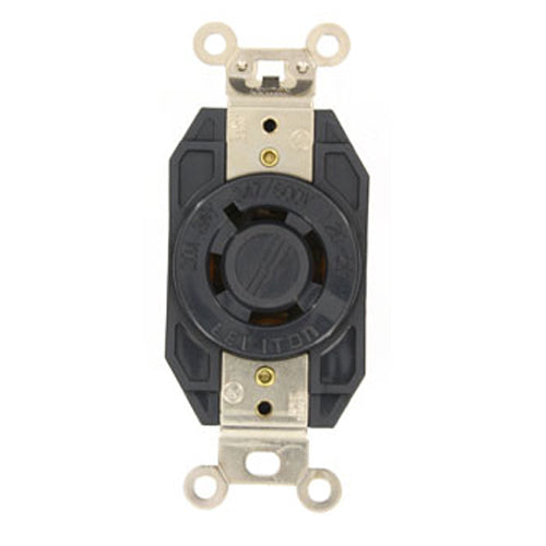 Leviton 2460, Flush Mount Locking Receptacle, Industrial Grade, 20A 347/600V, 3-Phase Y, NEMA L20-20R, 4-Pole, 4-Wire, Non-Grounding, Black