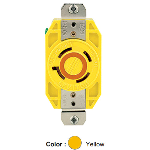 Leviton 24CM-10, Flush Mount Locking Receptacle, Industrial Grade, Corrosion-Resistant, 20A 125/250V, NEMA L14-20R, 3-Pole, 4-Wire, Grounding, Yellow