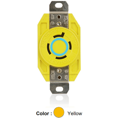 Leviton 24CM-20, Flush Mount Locking Receptacle, Industrial Grade, Corrosion-Resistant, 3-Phase, 20A 250V, NEMA L15-20R, 3-Pole, 4-Wire, Grounding, Yellow