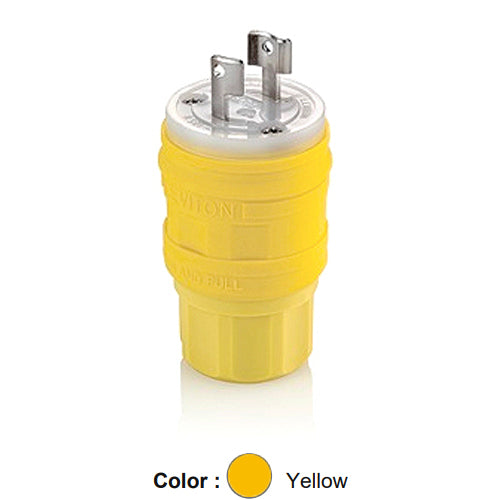 Leviton 24W04, Wetguard Watertight Locking Plug, Industrial Grade, 15A 125V, NEMA L1-15P, 2-Pole, 2-Wire, Non-Grounding, Yellow