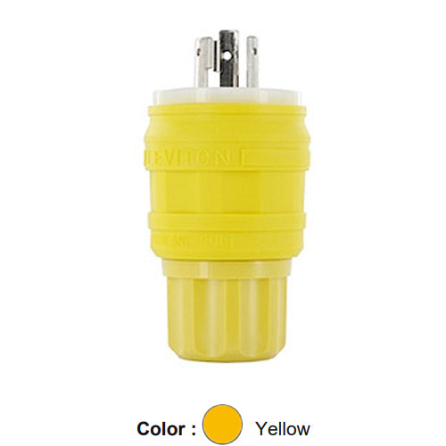 Leviton 24W34, Wetguard Watertight Locking Plug, Industrial Grade, 15A 277V, NEMA L7-15P, 2-Pole, 3-Wire, Grounding, Yellow