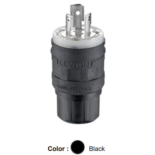 Leviton 24W47-B, Wetguard Watertight Locking Plug, Industrial Grade, 15A 125V, NEMA L5-15P, 2-Pole, 3-Wire, Grounding, Black