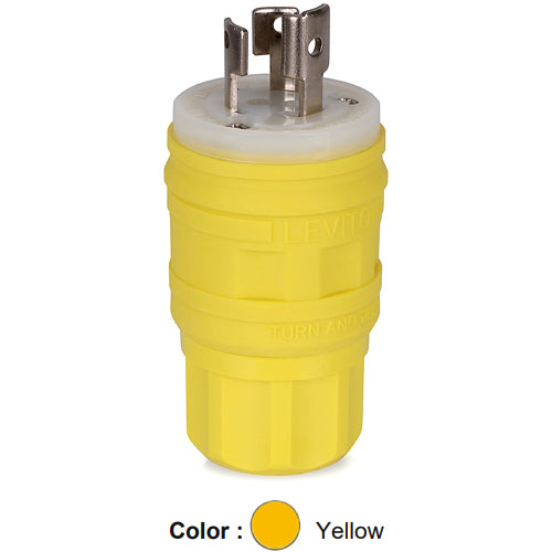 Leviton 24W47, Wetguard Watertight Locking Plug, Industrial Grade, 15A 125V, NEMA L5-15P, 2-Pole, 3-Wire, Grounding, Yellow
