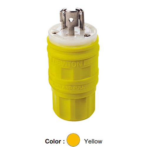 Leviton 24W49, Wetguard Watertight Locking Plug, Industrial Grade, 15A 250V, NEMA L6-15P, 2-Pole, 3-Wire, Grounding, Yellow