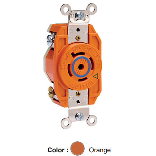 Leviton 2510-IG, Flush Mount Locking Receptacle, Industrial Grade, 20A 120/208V, 3-Phase Y, NEMA L21-20R, 4-Pole, 5-Wire, Isolated Ground, Orange