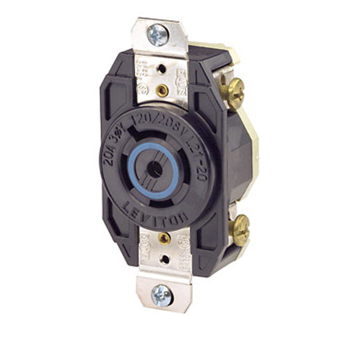 Leviton 2510, Flush Mount Locking Receptacle, Industrial Grade, 20A 120/208V, 3-Phase Y, NEMA L21-20R, 4-Pole, 5-Wire, Grounding, Black
