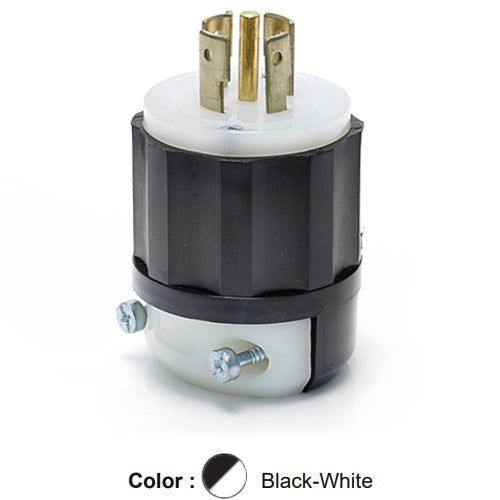 Leviton 2511, Locking Plug, Industrial Grade, 20A 120/208V, 3-Phase Y, NEMA L21-20P, 4-Pole, 5-Wire, Grounding, Black/White