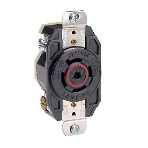 Leviton 2520, Flush Mount Locking Receptacle, Industrial Grade, 20A 277/480V, 3-Phase Y, NEMA L22-20R, 4-Pole, 5-Wire, Grounding, Black