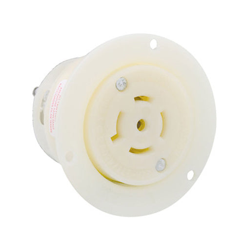Leviton 2526, Flanged Outlet Locking Receptacle, Industrial Grade, 20A 277/480V, 3-Phase Y, NEMA L22-20R, 4-Pole, 5-Wire, Grounding, White
