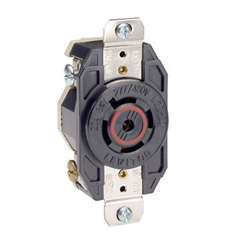 Leviton 2530, Flush Mount Locking Receptacle, Industrial Grade, 20A 347/600V, 3-Phase Y, NEMA L23-20R, 4-Pole, 5-Wire, Grounding, Black