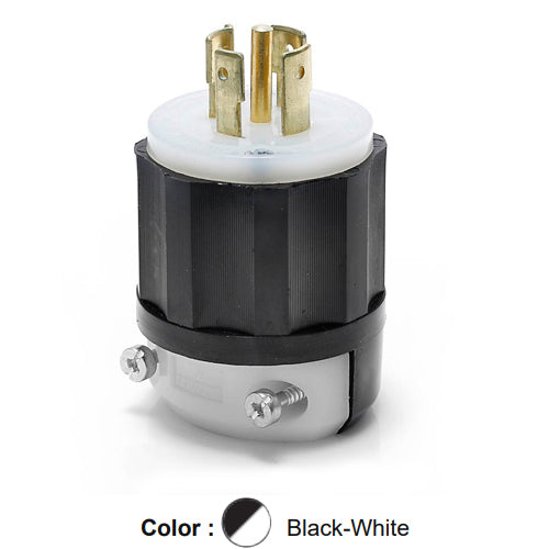 Leviton 2531, Locking Plug, Industrial Grade, 20A 347/600V, 3-Phase Y, NEMA L23-20P, 4-Pole, 5-Wire, Grounding, Black/White