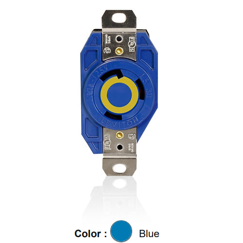 Leviton 2610-BU, Flush Mount Locking Receptacle, Industrial Grade, 30A 125V, NEMA L5-30R, 2-Pole, 3-Wire, Grounding, Blue
