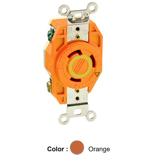 Leviton 2610-IG, Flush Mount Locking Receptacle, Industrial Grade, 30A 125V, NEMA L5-30R, 2-Pole, 3-Wire,  Isolated Ground, Orange