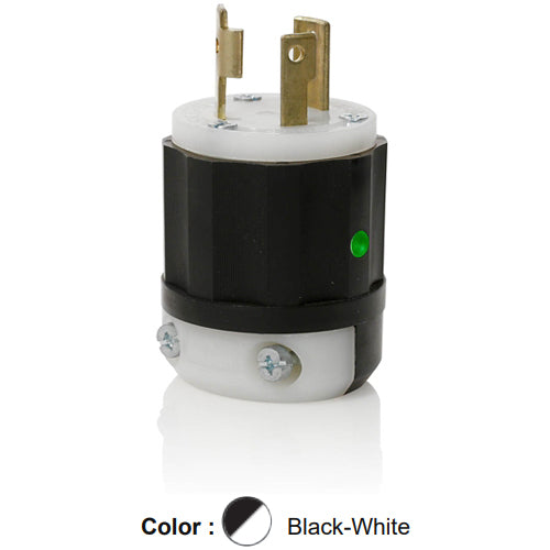 Leviton 2611-PLC, Locking Plug, Industrial Grade, Power Indication, 30A 125V, NEMA L5-30P, 2-Pole, 3-Wire, Grounding, Black/White