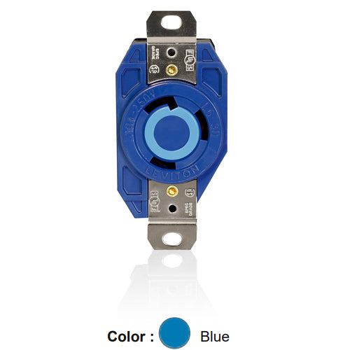 Leviton 2620-BU, Flush Mount Locking Receptacle, Industrial Grade, 30A 250V, NEMA L6-30R, 2-Pole, 3-Wire, Grounding, Blue