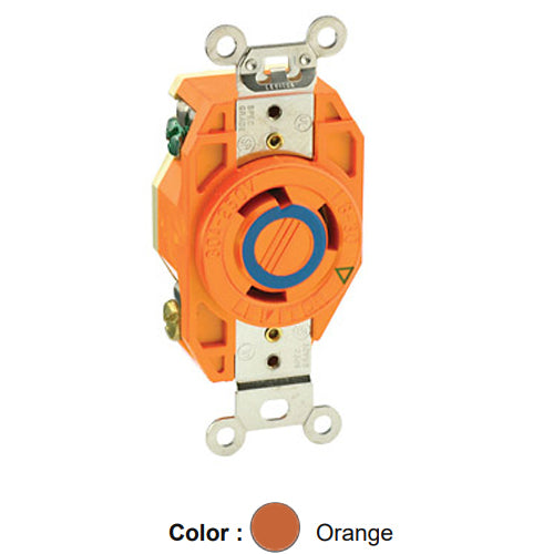 Leviton 2620-IG, Flush Mount Locking Receptacle, Industrial Grade, 30A 250V, NEMA L6-30R, 2-Pole, 3-Wire, Isolated Ground, Orange