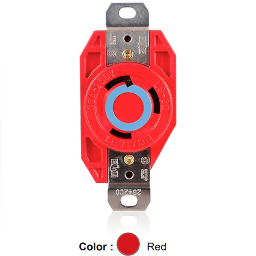 Leviton 2620-R, Flush Mount Locking Receptacle, Industrial Grade, 30A 250V, NEMA L6-30R, 2-Pole, 3-Wire, Grounding, Red