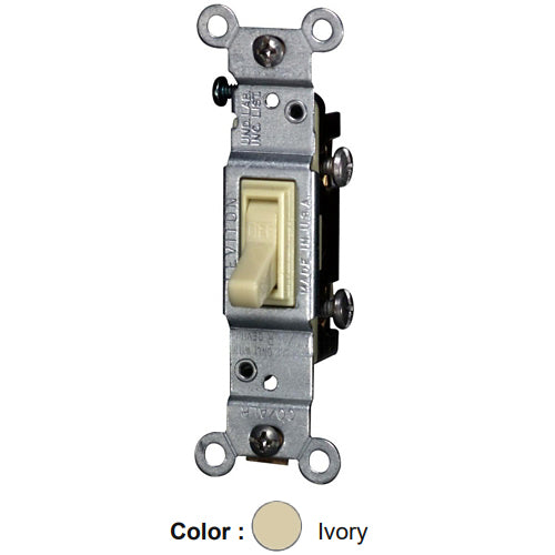 Leviton 2651-2I, CO/ALR Single-Pole AC Quiet Toggle Switch, Residential Grade, 15A 120V AC, Grounding, Side Wired, Ivory