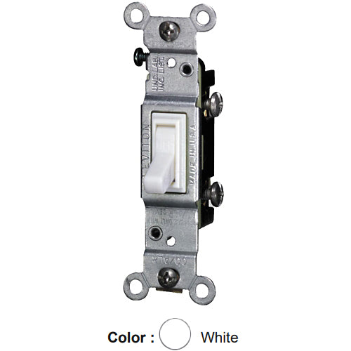 Leviton 2651-2W, CO/ALR Single-Pole AC Quiet Toggle Switch, Residential Grade, 15A 120V AC, Grounding, Side Wired, White
