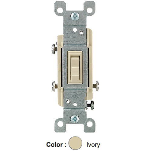 Leviton 2653-2I, CO/ALR 3-Way AC Quiet Toggle Switch, Residential Grade, 15A 120V AC, Grounding, Side Wired, Ivory