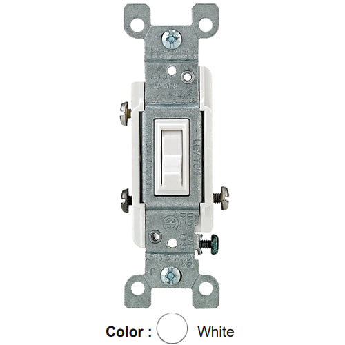 Leviton 2653-2W, CO/ALR 3-Way AC Quiet Toggle Switch, Residential Grade, 15A 120V AC, Grounding, Side Wired, White