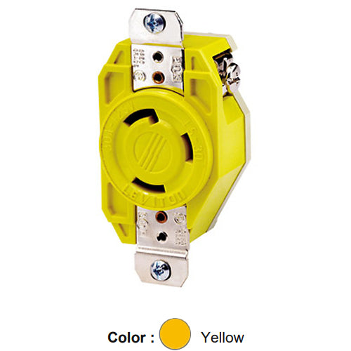 Leviton 26CM-10, Flush Mount Locking Receptacle, Industrial Grade, Corrosion-Resistant, 30A 125V, NEMA L5-30R, 2-Pole, 3-Wire, Grounding, Yellow
