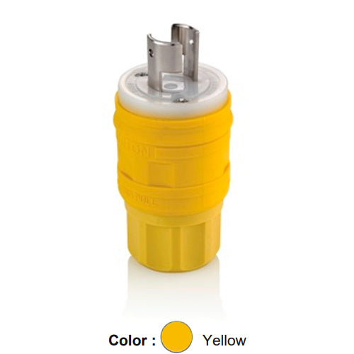Leviton 26W07, Wetguard Watertight Locking Plug, Industrial Grade, 20A 250V, NEMA L2-20P, 2-Pole, 2-Wire, Non-Grounding, Yellow