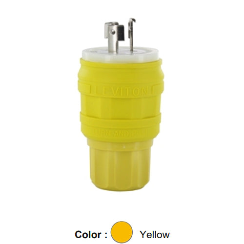 Leviton 26W08, Wetguard Watertight Locking Plug, Industrial Grade, 20A 125/250V, Non-NEMA, 3-Pole, 3-Wire, Non-Grounding, Yellow