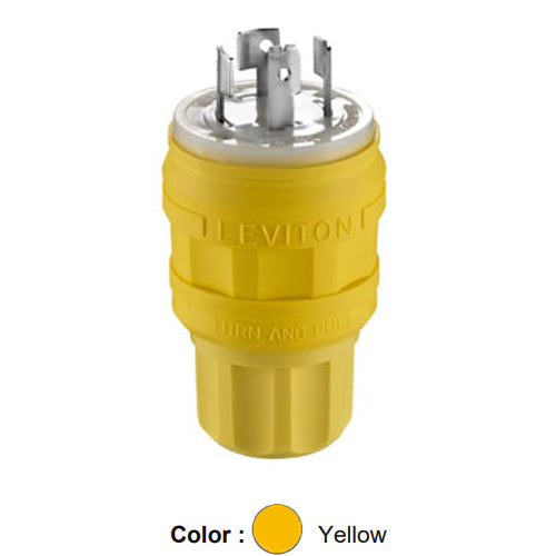 Leviton 26W09, Wetguard Watertight Locking Plug, Industrial Grade, 3-Phase Y, 20A 120/208V, Non-NEMA, 4-Pole, 4-Wire, Non-Grounding, Yellow
