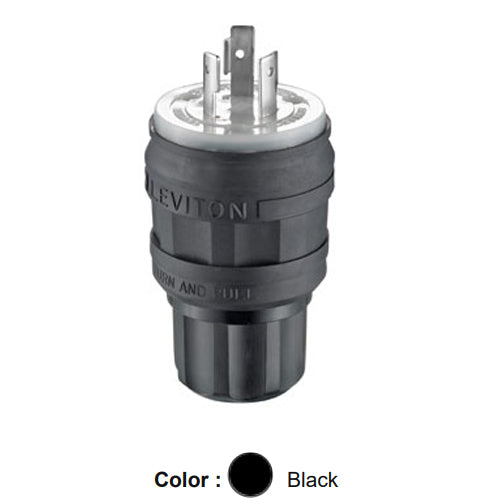 Leviton 26W47-B, Wetguard Watertight Locking Plug, Industrial Grade, 20A 125V, NEMA L5-20P, 2-Pole, 3-Wire, Grounding, Black