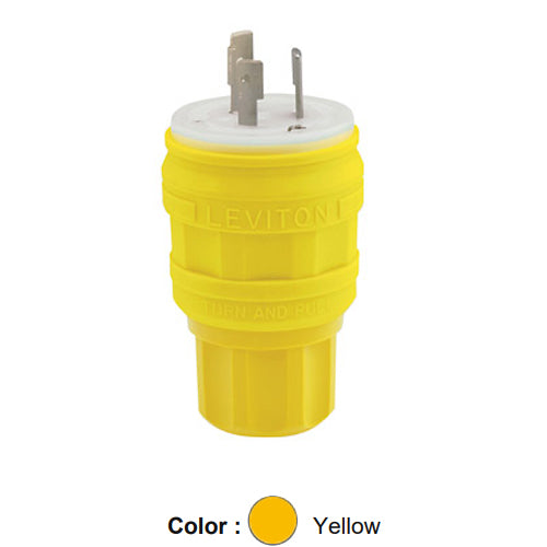Leviton 26W47, Wetguard Watertight Locking Plug, Industrial Grade, 20A 125V, NEMA L5-20P, 2-Pole, 3-Wire, Grounding, Yellow