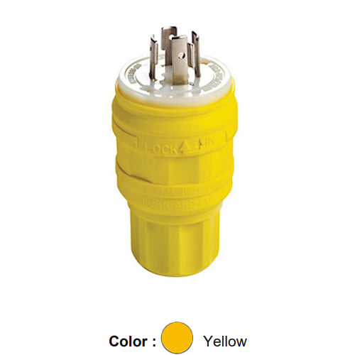 Leviton 26W74, Wetguard Watertight Locking Plug, Industrial Grade, 20A 125/250V, NEMA L14-20P, 3-Pole, 4-Wire, Grounding, Yellow